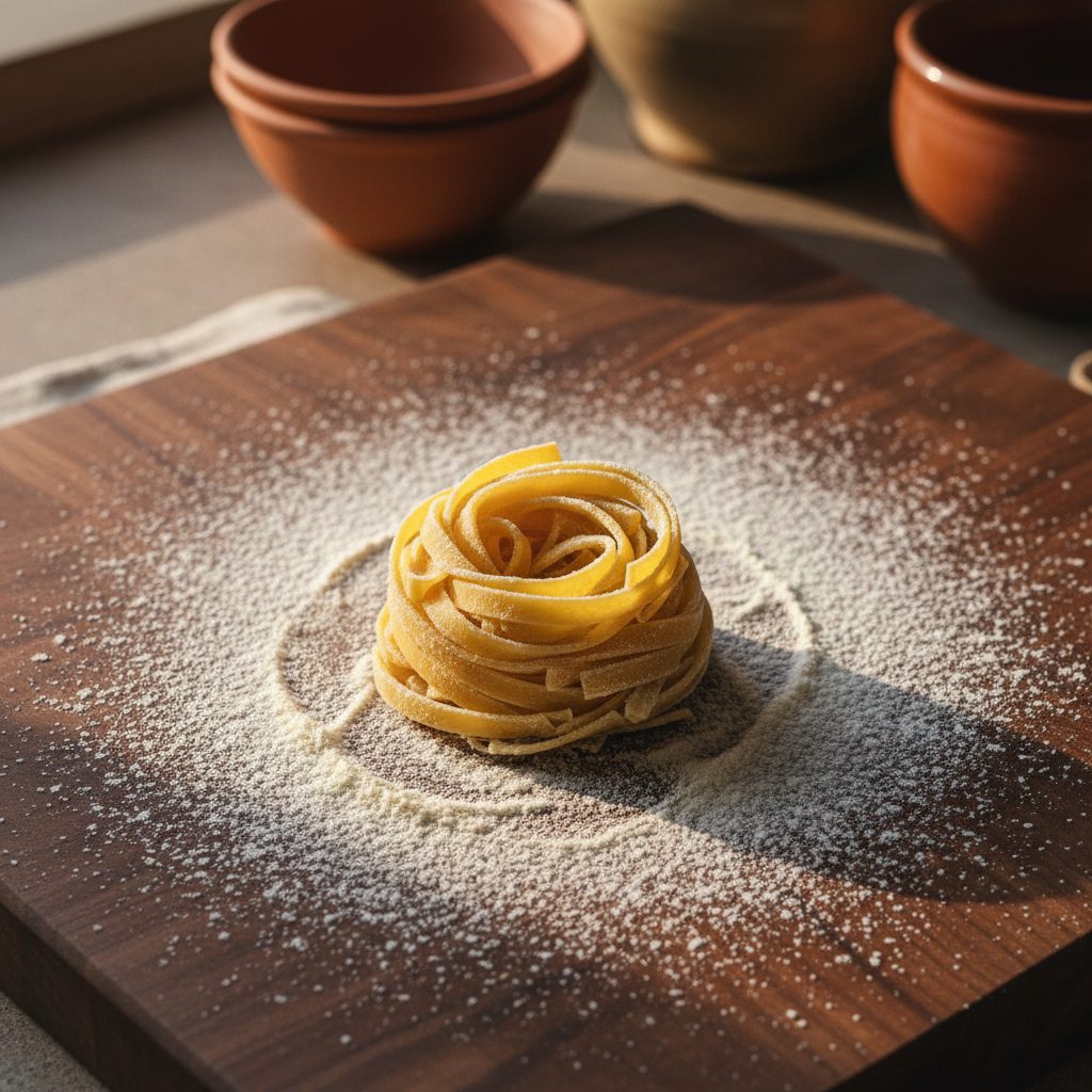 Fresh hand-cut tagliatelle on a floured board