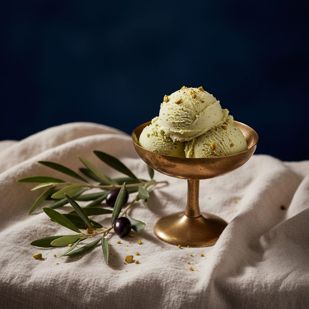 Pistachio gelato in a brass coupe